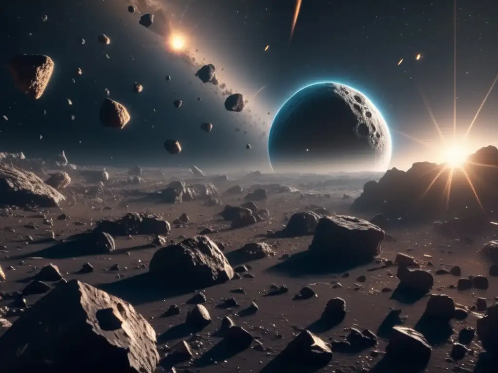 Descubrimientos de asteroides en astronomía: Imagen impresionante de un campo de asteroides en el espacio, con variadas formas, tamaños y texturas