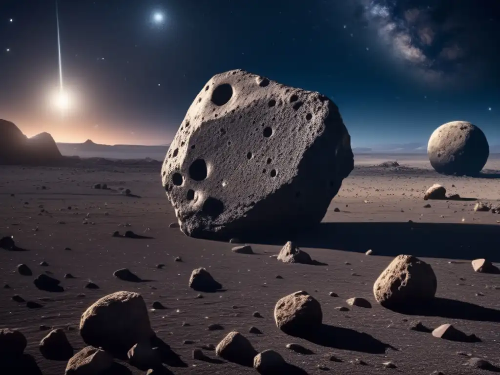 Descubrimientos de asteroides en astronomía: imagen impactante de un cielo nocturno estrellado con un enorme asteroide rocoso iluminado por la luna