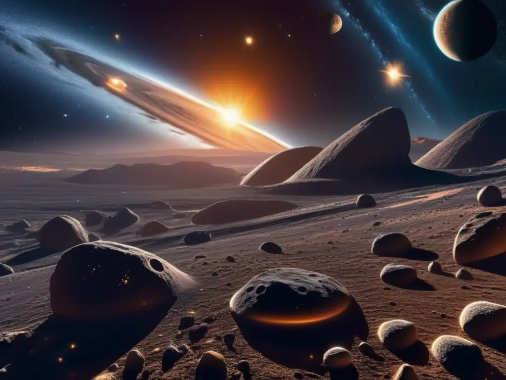 Descubrimientos sobre asteroides y universo: imagen impactante del cosmos estrellado con cinturón de asteroides y nave espacial