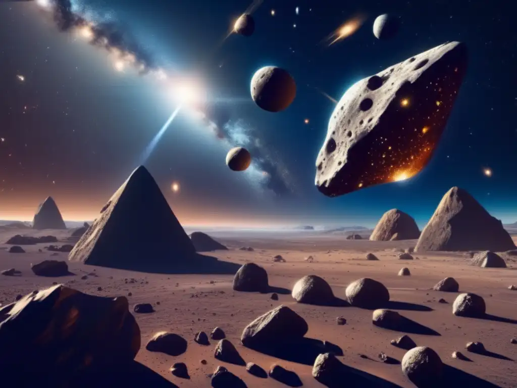 Descubrimientos sobre asteroides y universo: imagen impresionante de asteroides metálicos flotando en el espacio, reflejando estrellas distantes