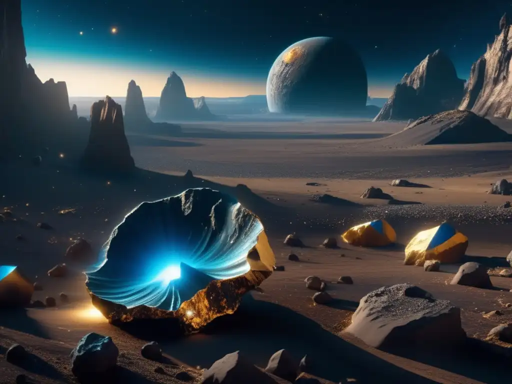 Descubrimientos científicos de asteroides: Escena futurista con un asteroide colosal, minerales brillantes y drones mineros avanzados en el espacio