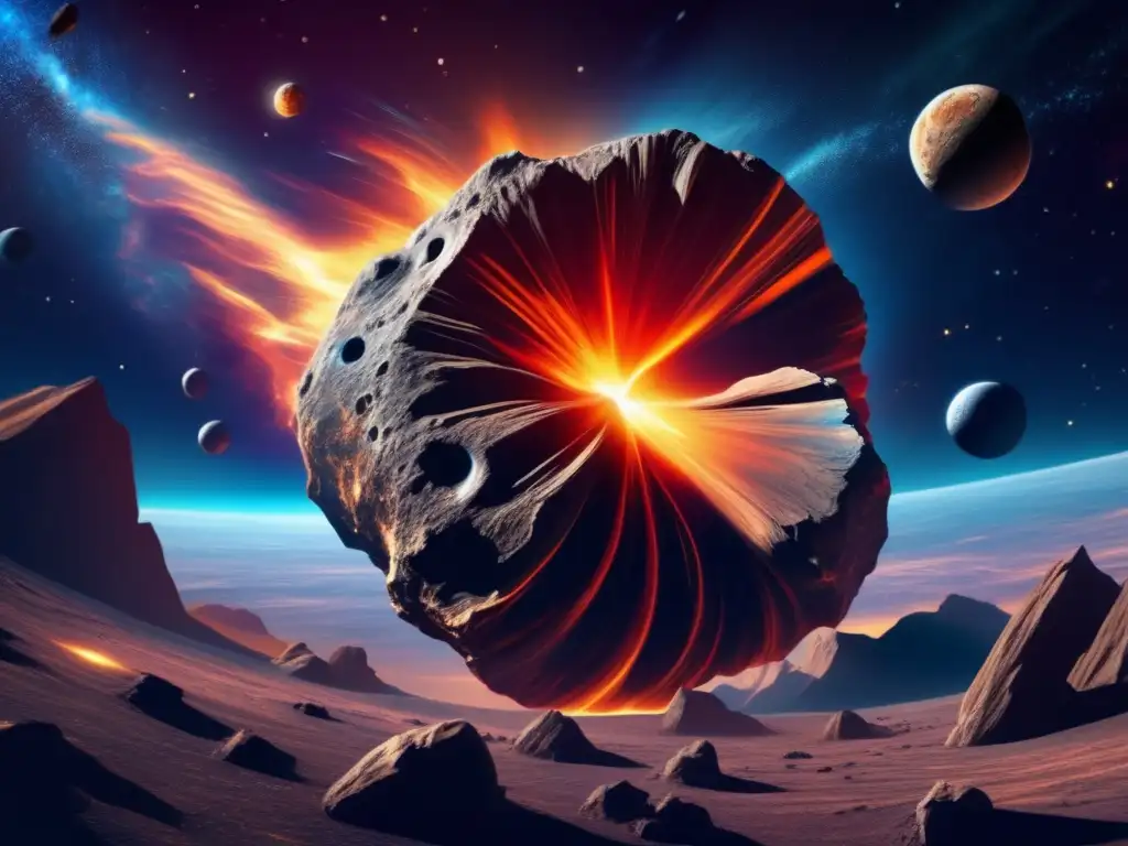 Descubrimientos científicos de asteroides: Imagen detallada de un gran asteroide acercándose a la Tierra, con textura rugosa y superficie irregular