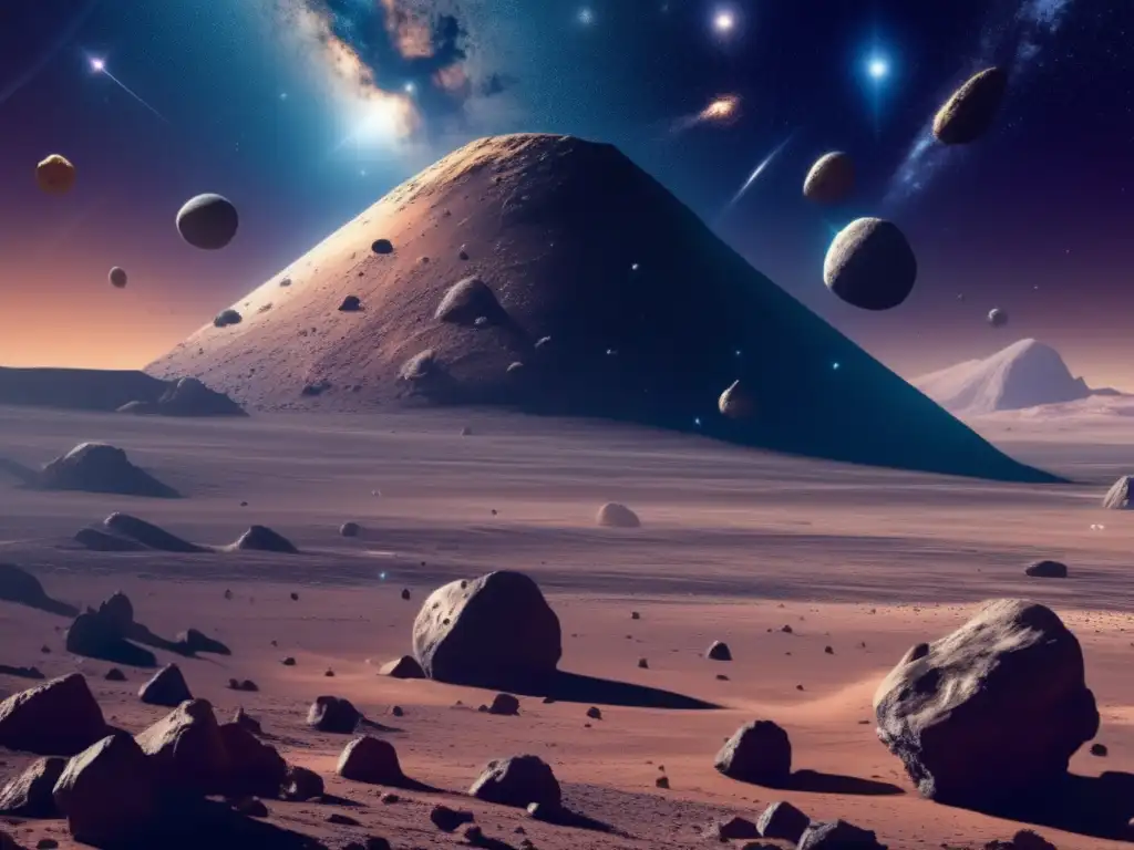 Descubrimientos científicos de asteroides en un paisaje cósmico con asteroides únicos, texturas detalladas y nebulosas coloridas