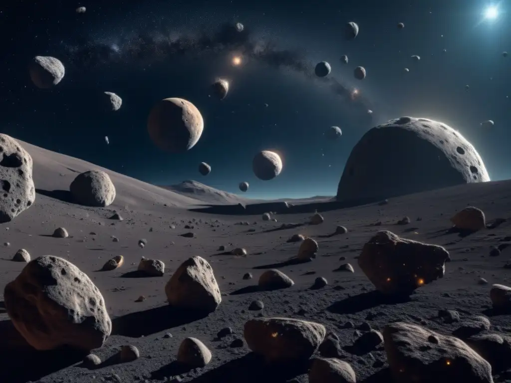 Descubrimientos vigilancia asteroides: Imagen 8k detallada muestra vasto espacio con asteroides de diversos tamaños, formas y colores