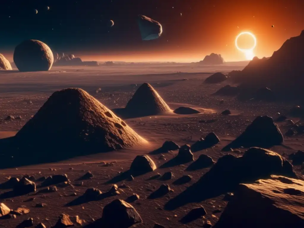 Un deslumbrante paisaje cinematográfico muestra un vasto y desolado campo de asteroides en el espacio