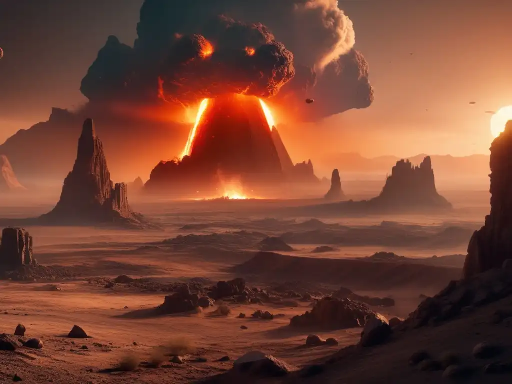 Desoladora imagen 8k de impacto de asteroide: paisaje desolado, ruinas de civilización, cráter inmenso