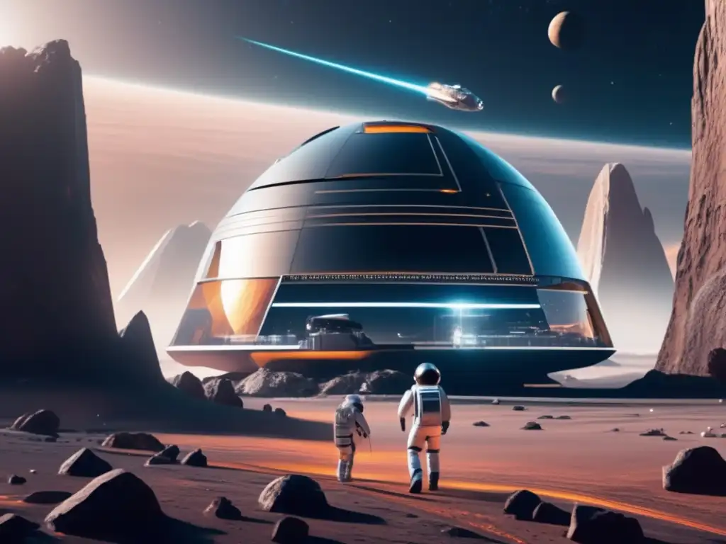 Futuro espacioport en asteroide basáltico Destinos turísticos asteroides basálticos: Futuro espacioporto en asteroide con estructuras metálicas, ventanales y paisajes basálticos