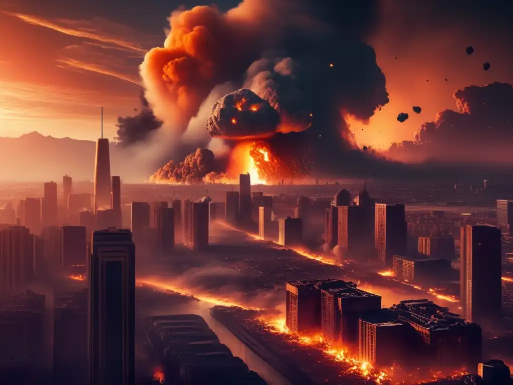 Destrucción urbana tras impacto de asteroide, resiliencia humana ante eventos catastróficos