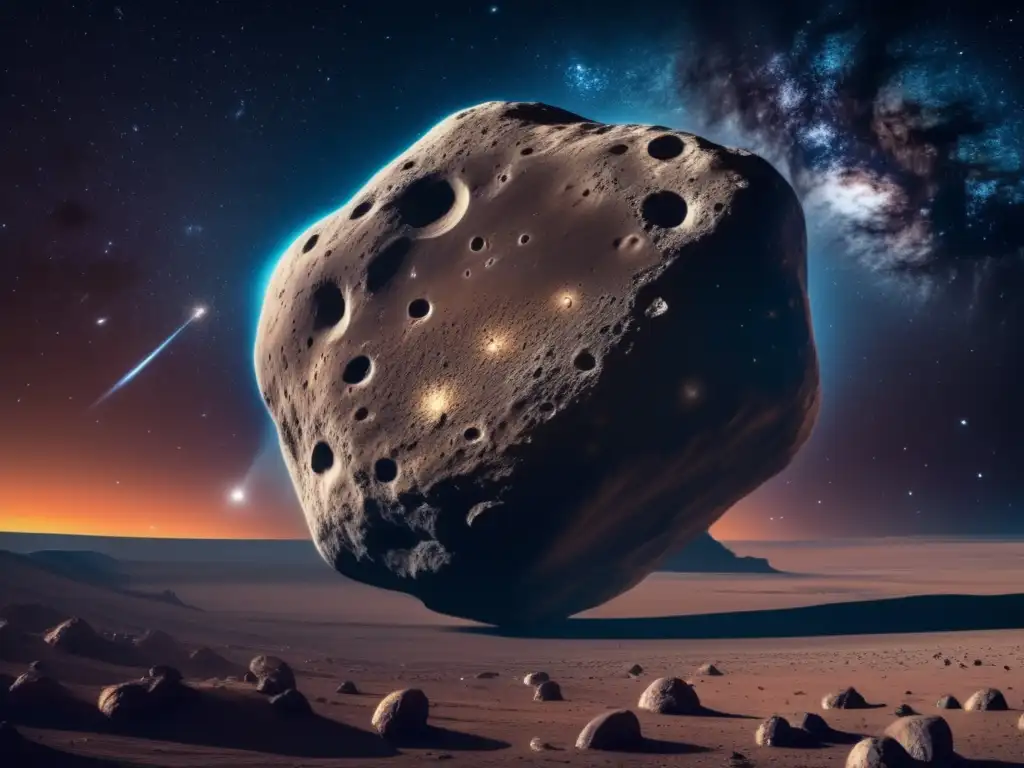 Desviación de asteroides hacia la Tierra: colosal asteroide, cráteres y nebulosa hipnotizante en el espacio