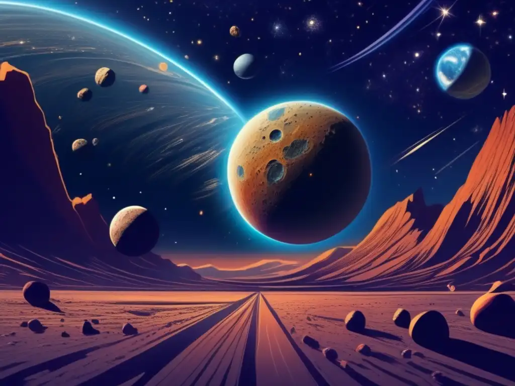 Desviación de asteroides hacia la Tierra: impresionante imagen del espacio con la Tierra y cuerpos celestes, destacando un asteroide desviado por fuerzas gravitacionales