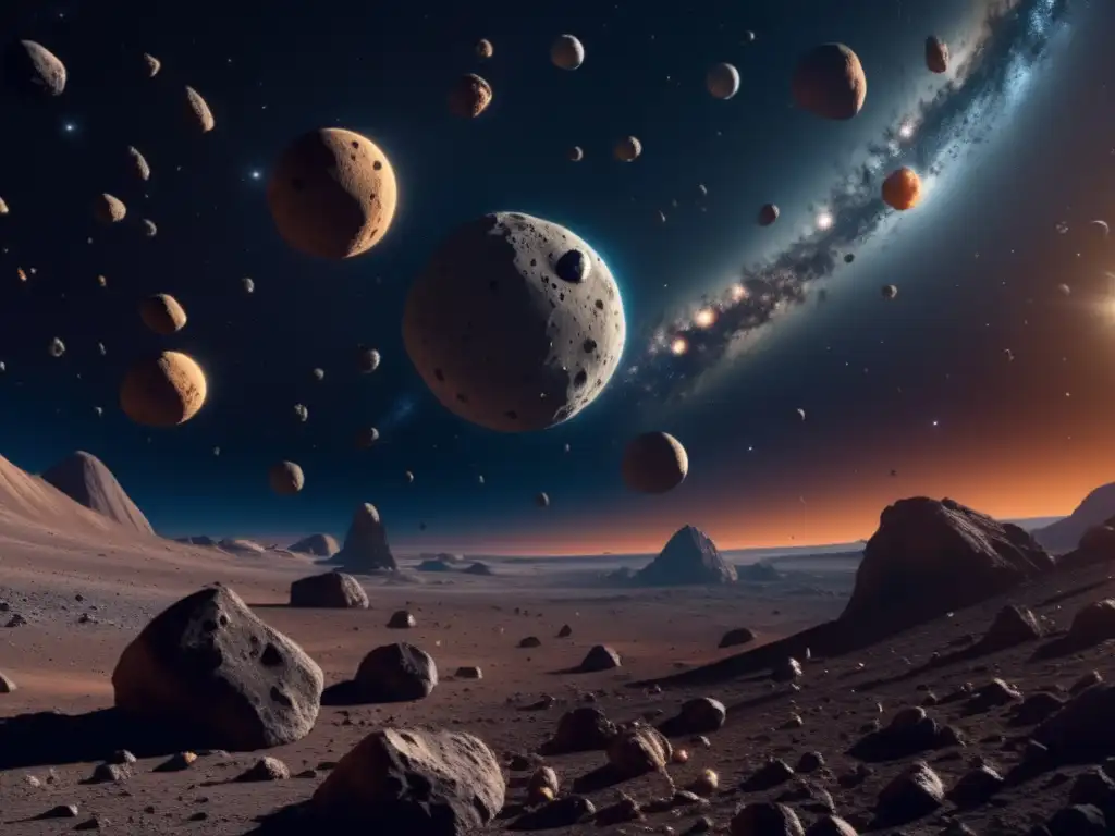 Detallada imagen en 8k de asteroides en el espacio, revelando texturas y formaciones