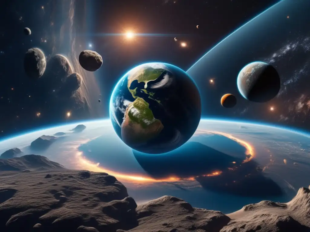 Detallada imagen 8k muestra espacio con precisión: Tierra, asteroides y estrellas