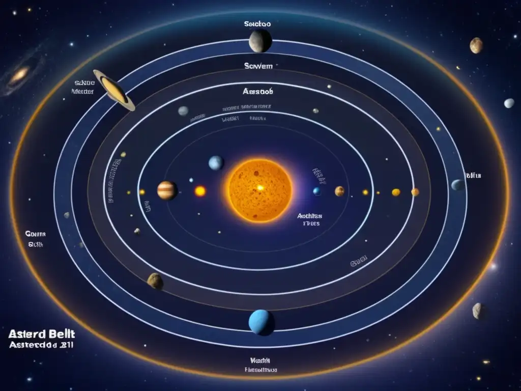 Detallada imagen del sistema solar con enfoque en el cinturón de asteroides, mostrando asteroides principales en órbitas