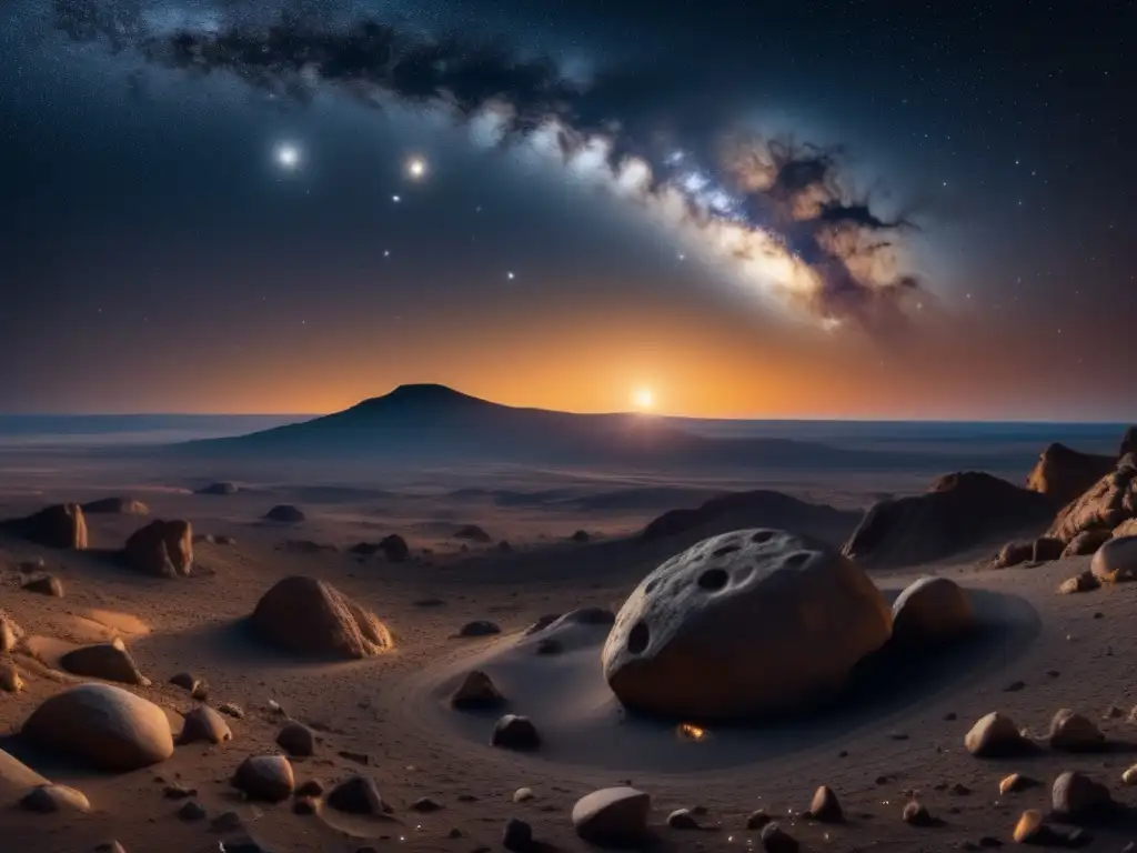 Un detallado 8k de la noche estrellada con un asteroide iluminado, resaltando la belleza de los asteroides troyanos