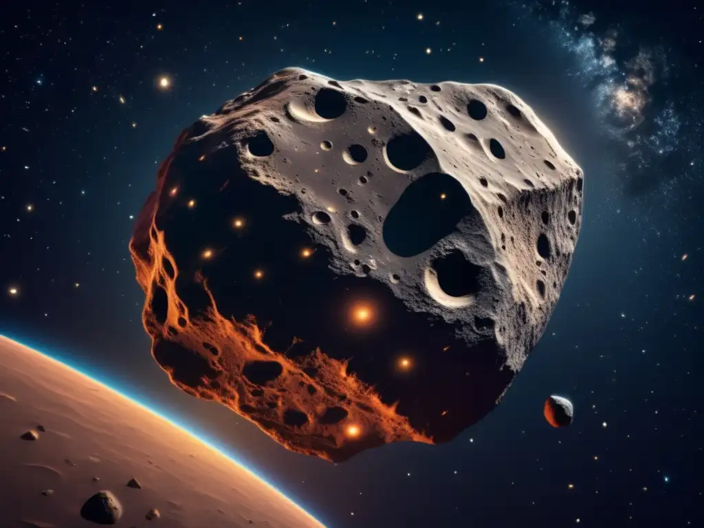 Detalle asombroso: asteroide flotando en espacio, forma irregular y textura, causas forma irregular asteroides