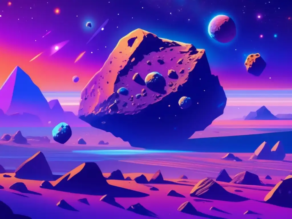 Detalle de asteroides flotando en el espacio con colores vibrantes y formaciones rocosas