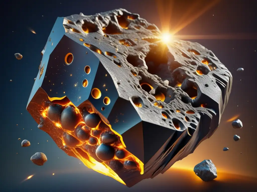 Detalle de un meteorito suspendido en el aire, mostrando su estructura interna y diferencias con un meteoroide