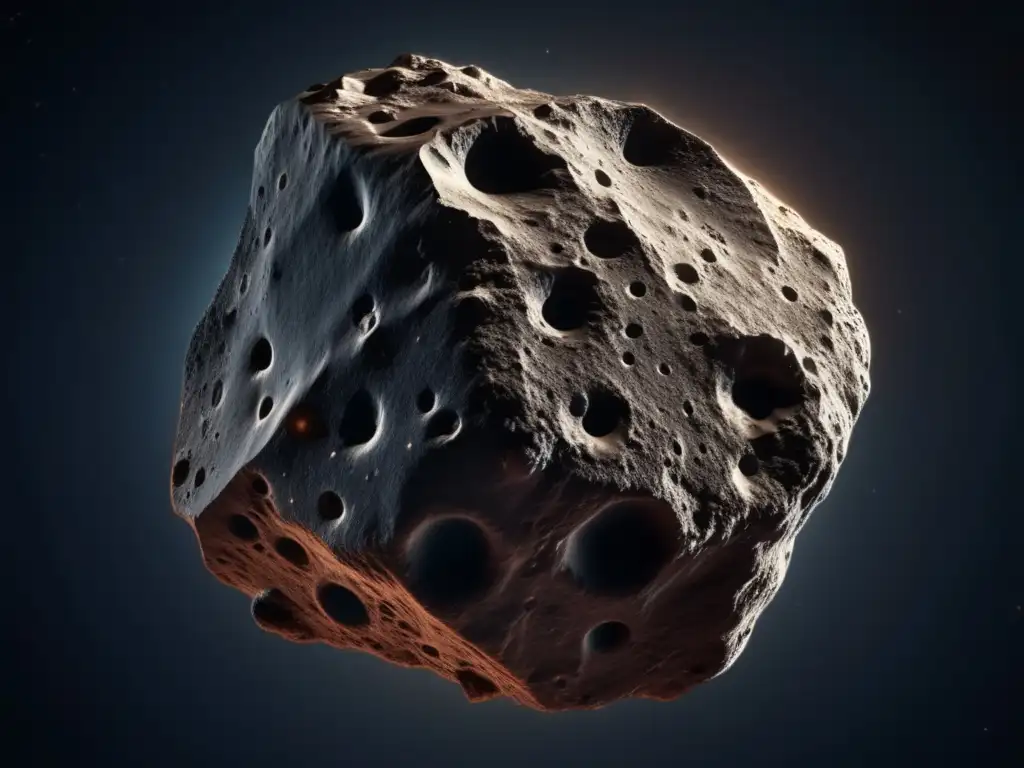 Detalles de asteroide tipo C, textura rugosa y cráteres visibles -