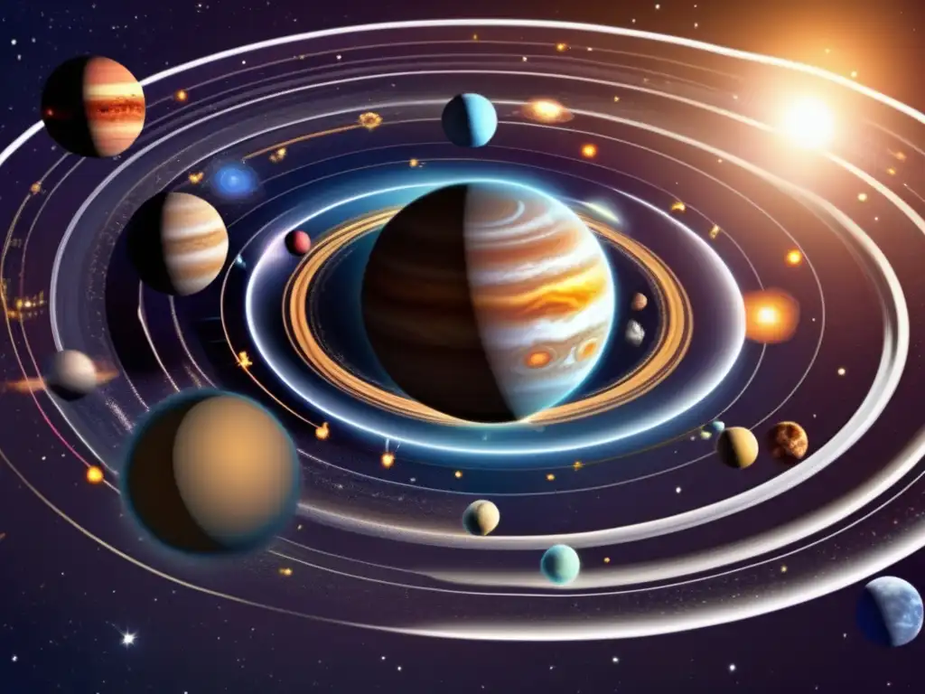 Detalles del sistema solar: el Sol rodeado de planetas en órbitas, interacciones gravitacionales, asteroides y desviación hacia la Tierra