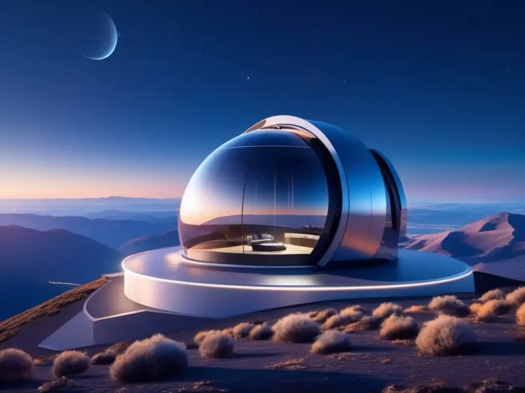Observatorio espacial futurista en la montaña Detección de asteroides con telescopios en observatorio futurista en la montaña