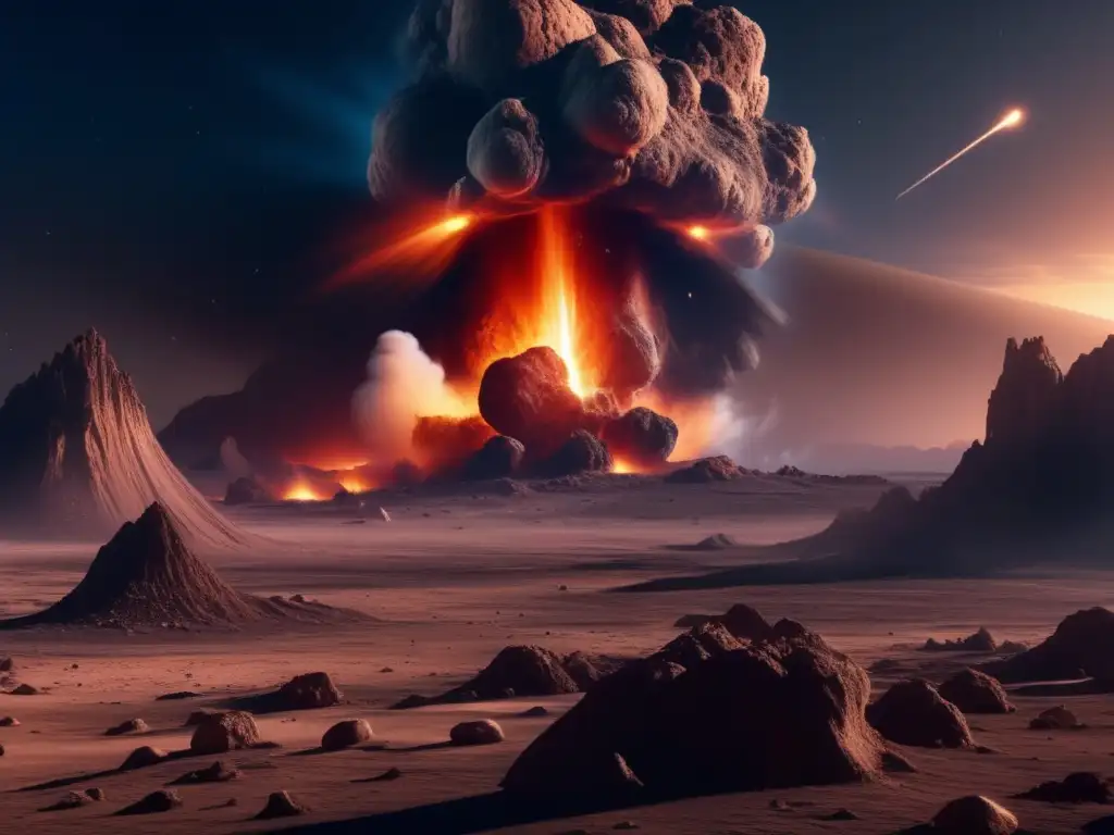 Devastación por asteroides irregulares en paisaje alienígena: vida extraterrestre
