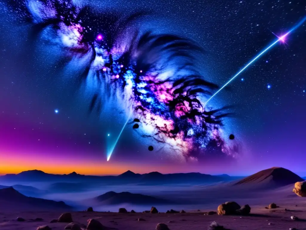 Diferencia entre meteoroides, meteoritos y asteroides: Imagen impresionante del espacio con una nebulosa colorida y un meteorito brillante