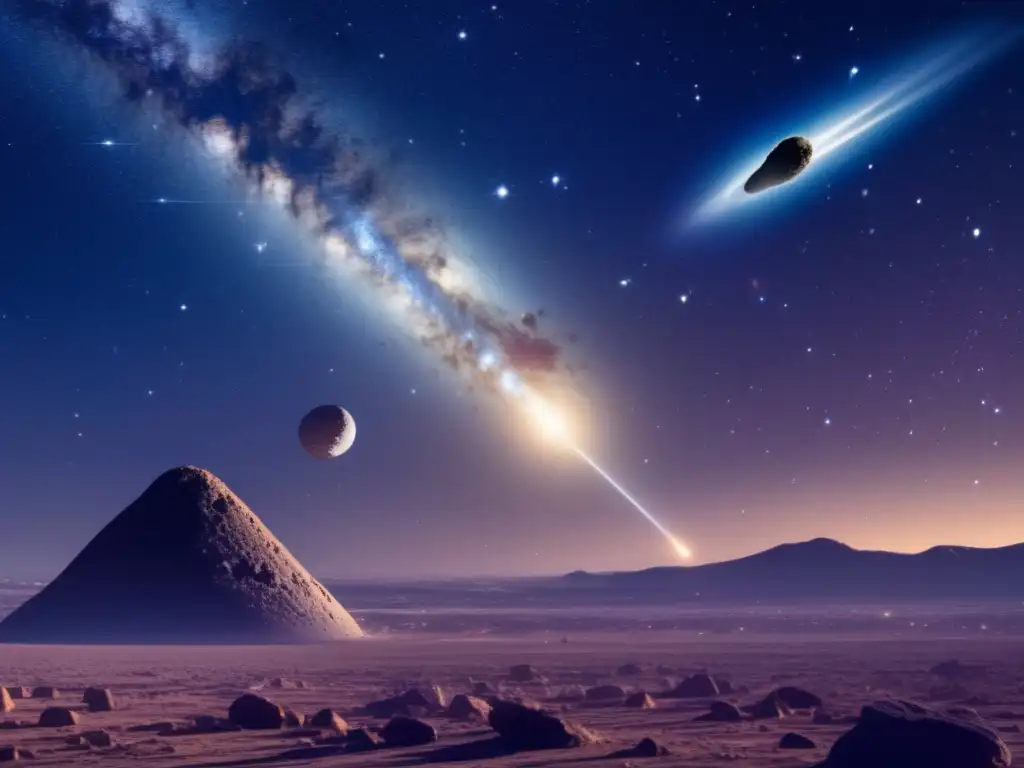 Diferencias entre asteroides y cometas: Escena celeste detallada con asteroide irregular y cometa, mostrando sus características únicas en el espacio