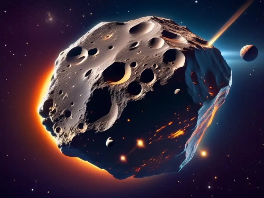 Diferencias entre meteorito y meteoroide: Imagen impactante de un asteroide masivo en el espacio, resaltando detalles y su presencia imponente
