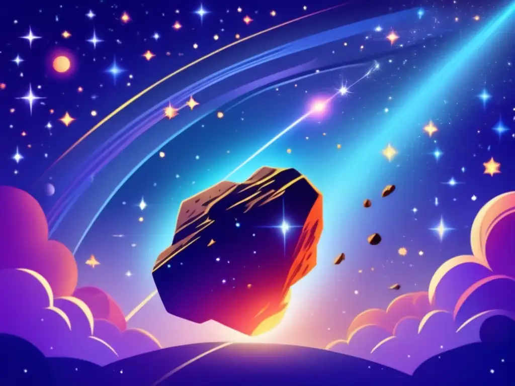 Ilustración digital moderna de un cielo nocturno lleno de estrellas vibrantes y asteroides, representando tránsitos de asteroides en astrología