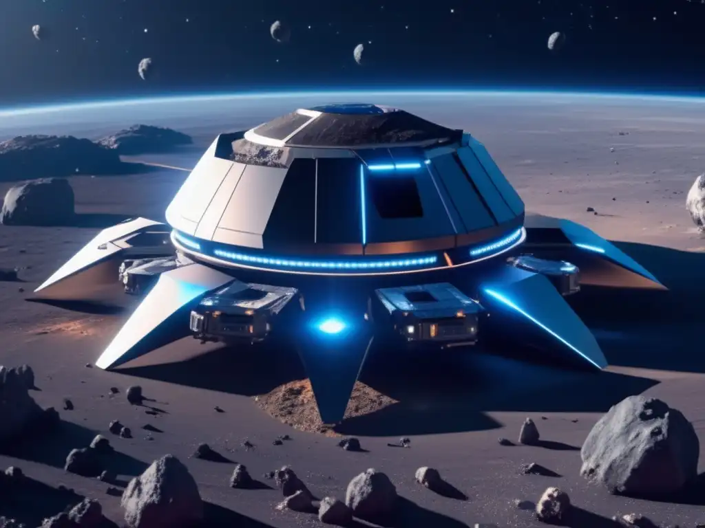 Dimensiones asteroide: estación minera futurista, drones y recursos valiosos en espacio estelar