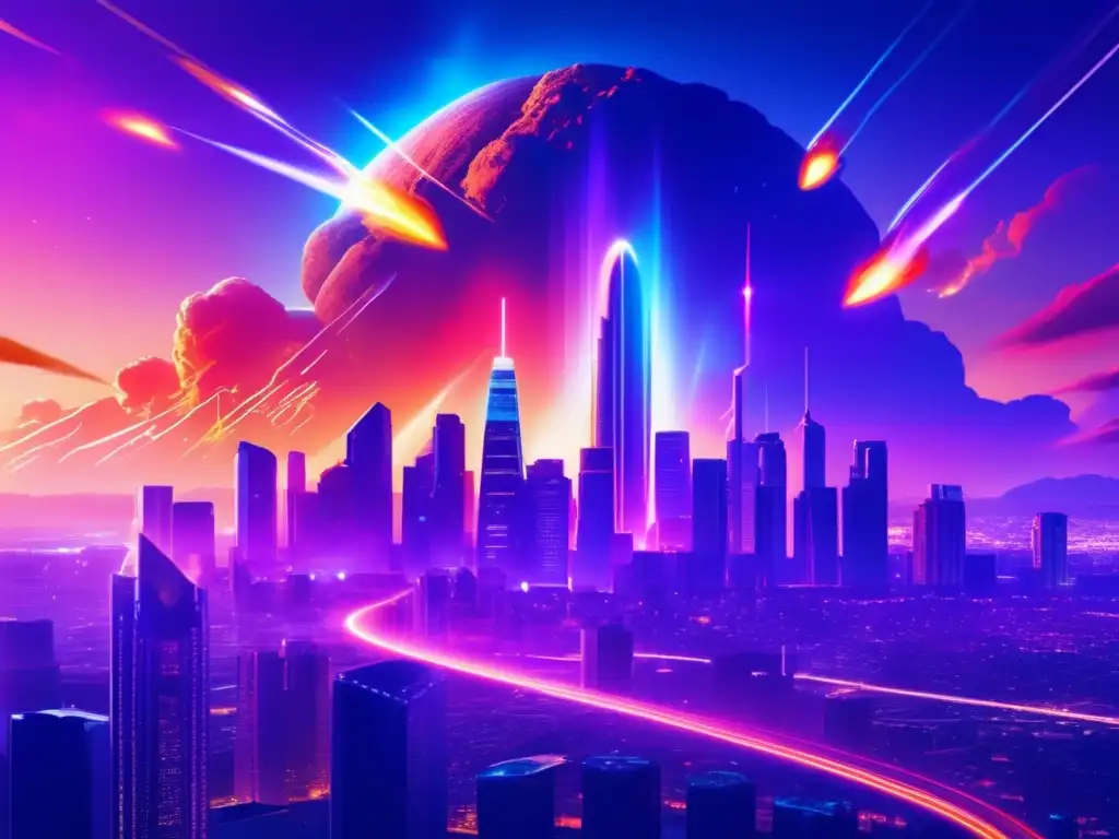 Diplomacia ante impactos de asteroides en una ciudad futurista al anochecer, con rascacielos modernos y vibrantes luces
