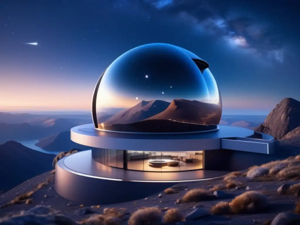 Diplomacia: Observatorio futurista en la montaña con telescopios avanzados capturando asteroides