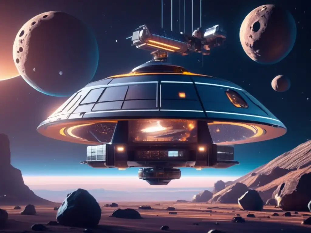 Diseño videojuegos con asteroides en una estación espacial futurista orbitando un asteroide minero