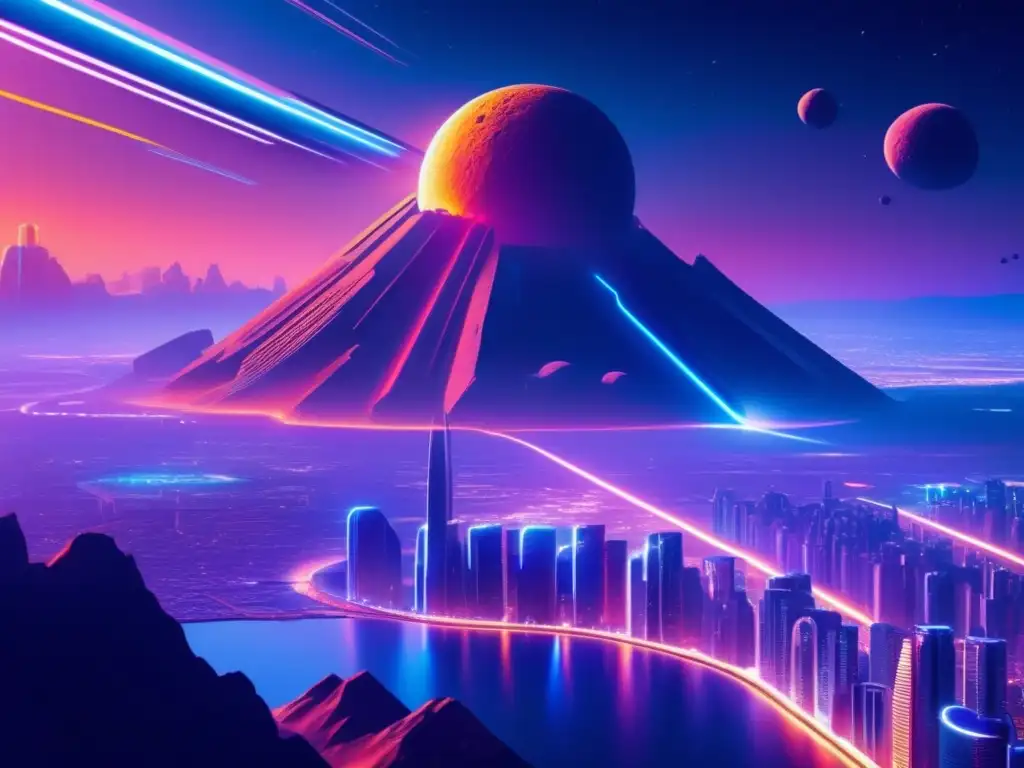 Diseño videojuegos con asteroides: Futurista ciudad en asteroide, rascacielos brillantes, autos veloces, naturaleza exuberante y galaxias asombrosas