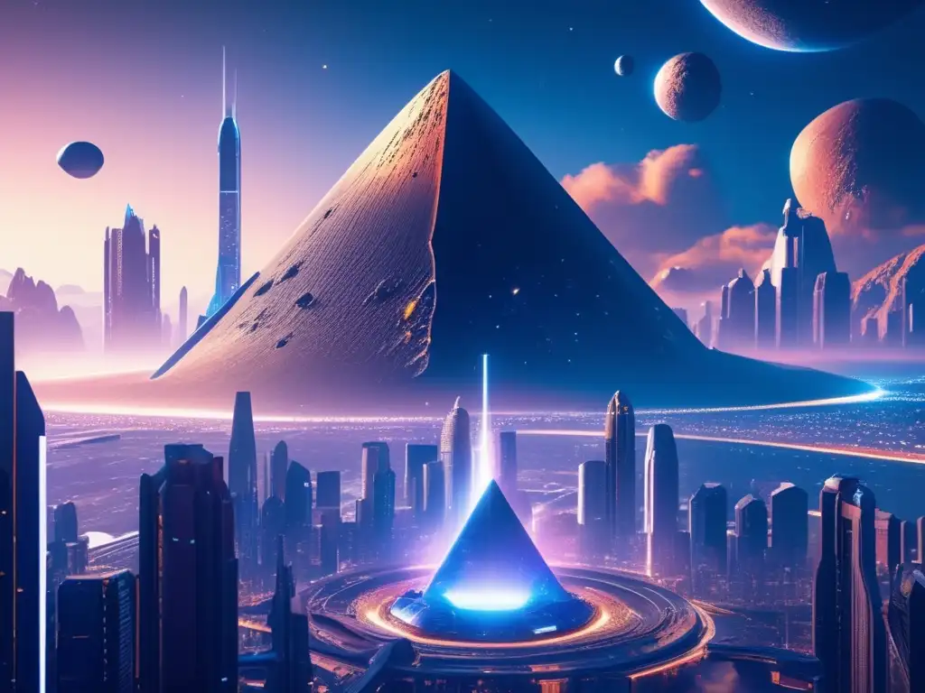 Diseño de videojuegos con asteroides en una impresionante imagen 8k que muestra un mundo virtual futurista con una ciudad en un asteroide colosal