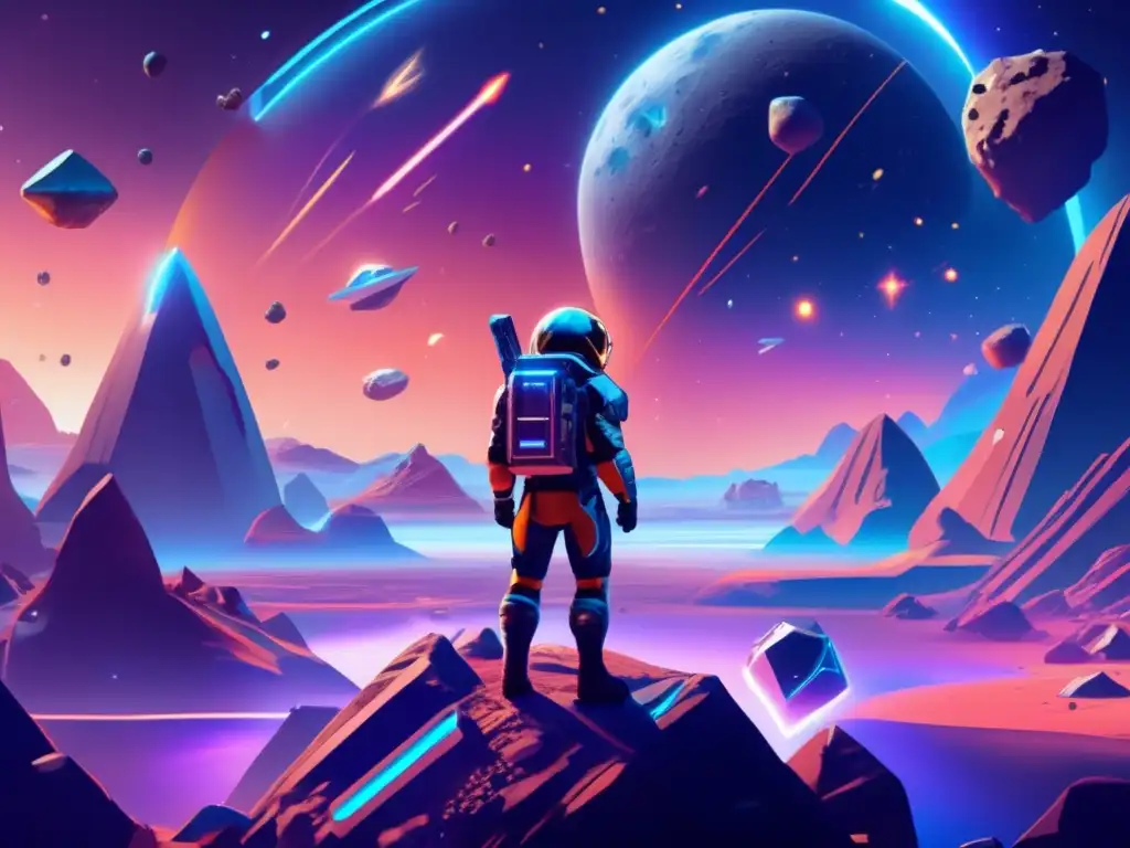 Diseño de videojuegos con asteroides en un mundo futurista y detallado de 8k
