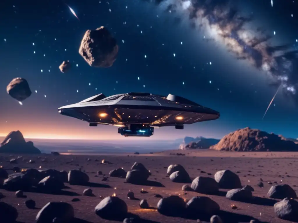Drones exploración asteroides cercanos en vasto espacio con belleza y movimiento