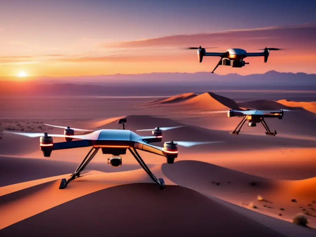 Drones avanzados coordinados en vuelo sobre desierto al atardecer