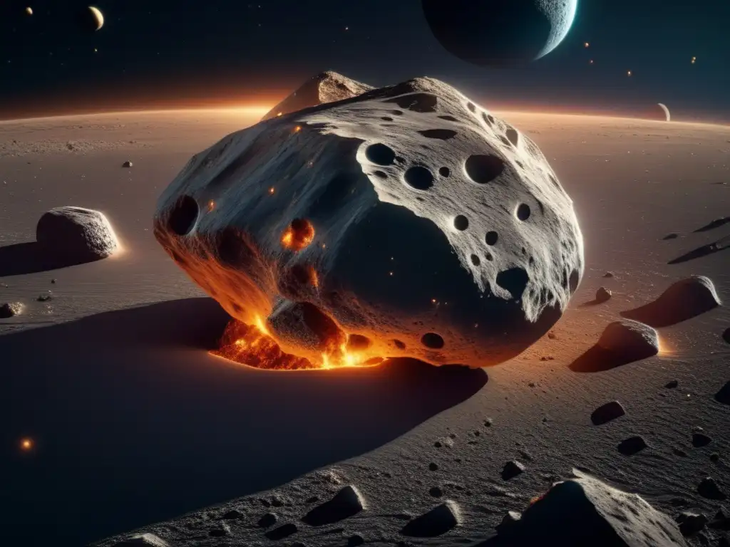 Economía asteroides tipo C: Imagen 8K de un asteroide flotando en el espacio con su superficie iridiscente y forma única