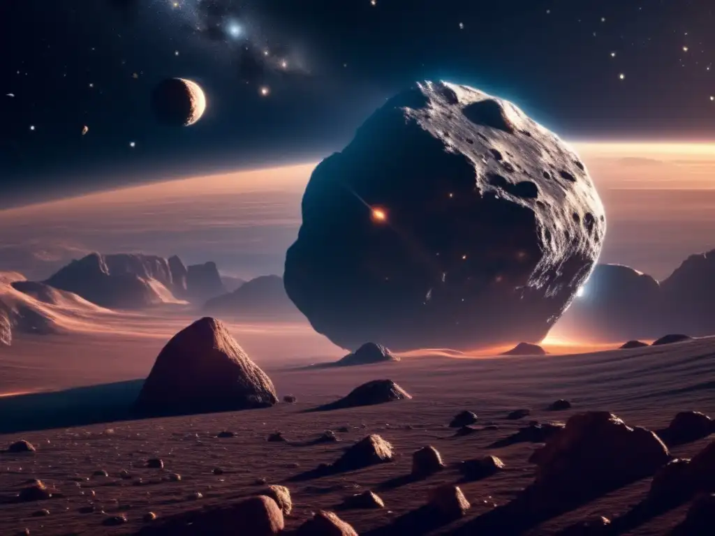 Transformación económica asteroides IA: Imagen cinematográfica impactante de un asteroide flotando en el espacio