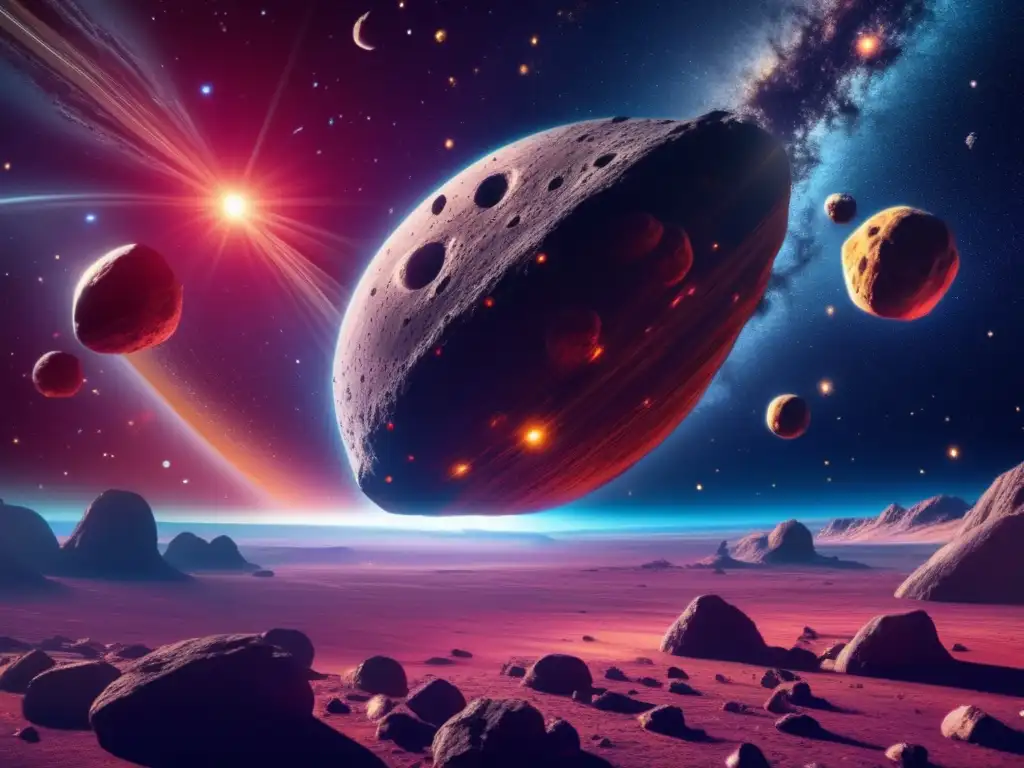 Efecto Yarkovsky en trayectoria asteroides: espectacular imagen en 8k muestra vasto espacio, con cinturón de asteroides y colores vibrantes