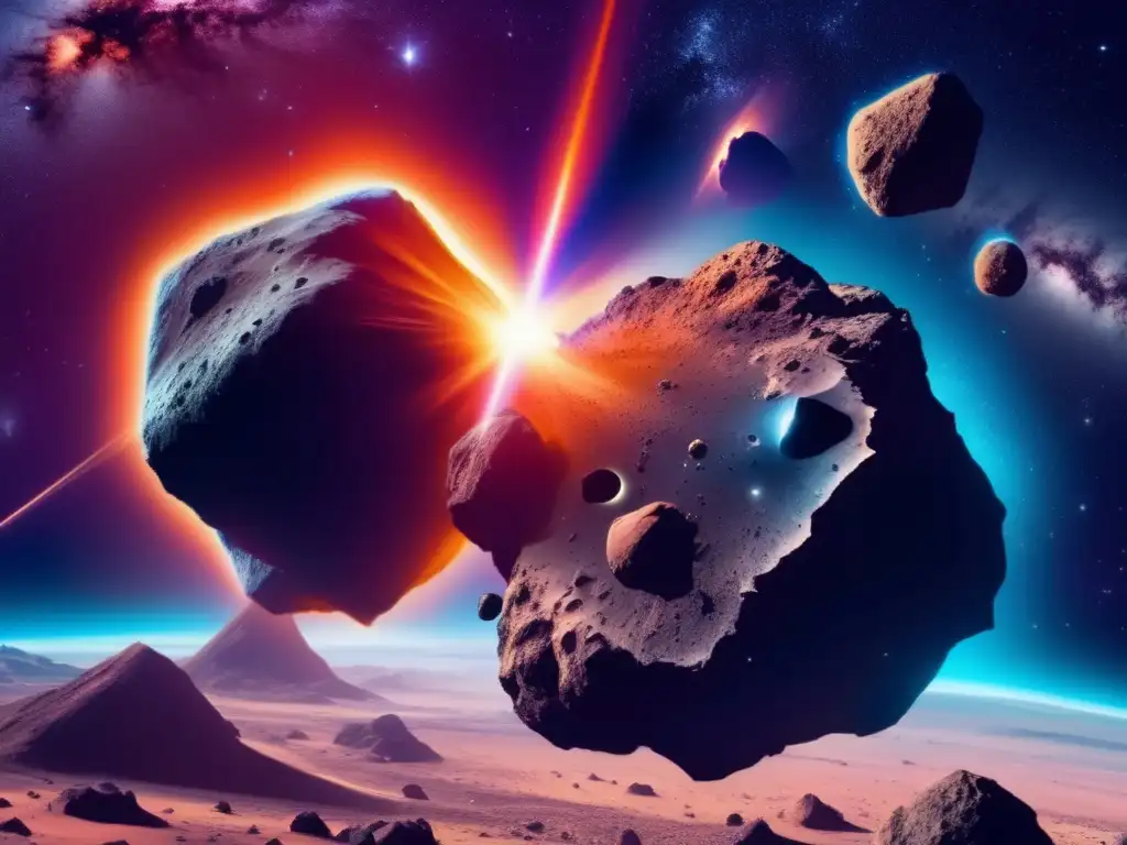 Efectos asteroides cine: colisión impresionante entre dos asteroides, generando explosión y destellos de energía