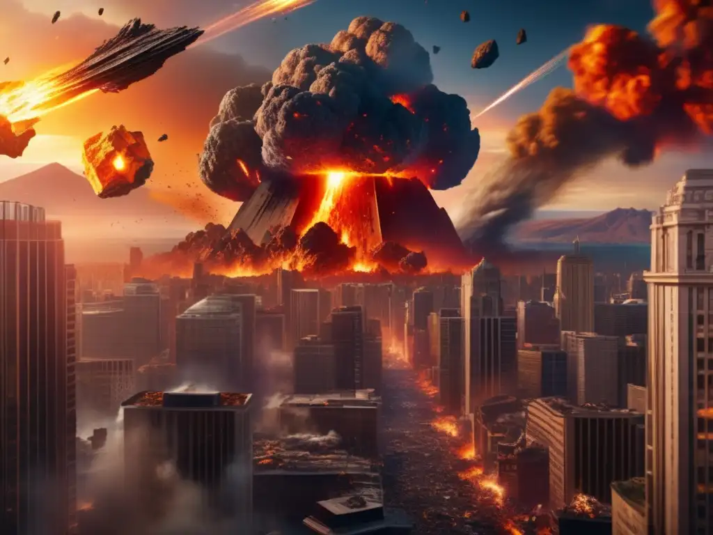 Efectos especiales: asteroides, cine, caos y destrucción en un set de película con un asteroide impactando una ciudad
