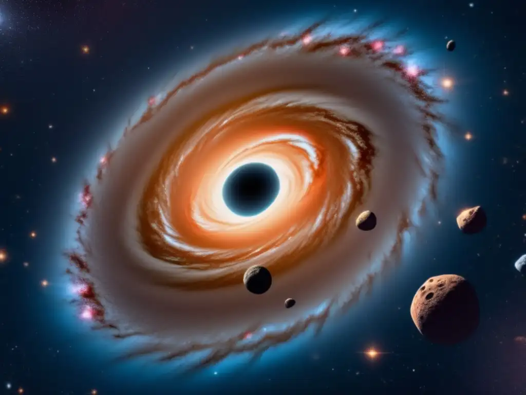 Efectos asteroides evolución vida: Galaxia espiral vibrante con asteroides variados en forma y color, revelando detalles y minerales
