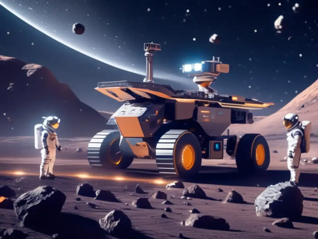 Innovación emprendedores minería asteroides: Futuro minero espacial con tecnología avanzada y astronautas recolectando recursos valiosos