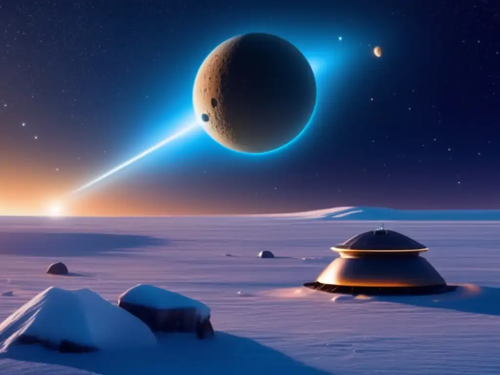 Explorando enanos del Cinturón de Kuiper: nave espacial, hielo, sol y objetos celestiales en un espectáculo visual cautivador