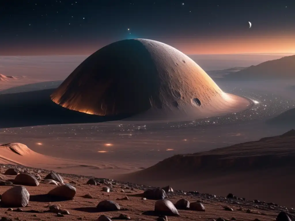 Explorando enanos del Cinturón de Kuiper: nave espacial sobre paisaje helado, montañas, cráteres y estrellas distantes