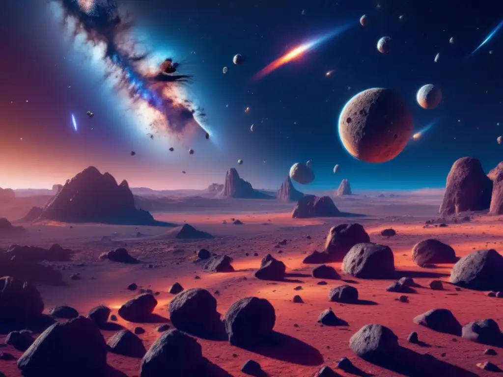 Preparación para encuentro cercano asteroide: imagen impresionante 8k ultradetallada del espacio, con asteroides y avanzada nave espacial