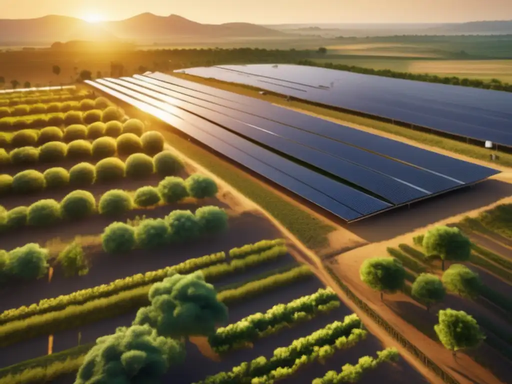 Energía solar en desarrollo: paisaje dorado con granja solar y comunidad empoderada