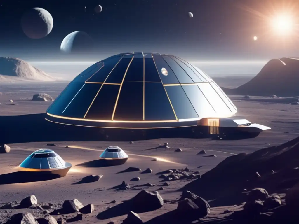Energía sostenible en asteroides: fuentes espaciales, hábitat futurista en asteroide con tecnología avanzada y paisaje lunar